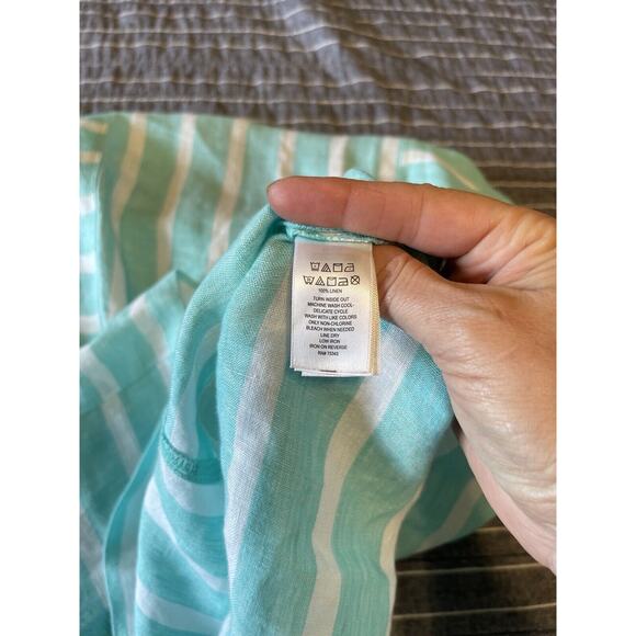 Sigrid Olsen 100% Linen Shift Dress Teal White Stripe Pockets Sleeveless Medium - Picture 8 of 10